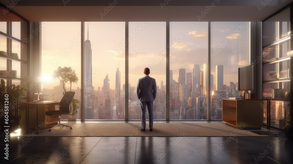 Back view of businessman in suit standing at office looking at night city through panoramic window. Back view of businessman in suit standing at office looking at night city through panoramic window.
