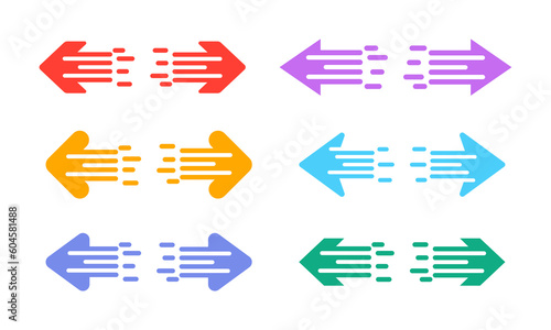 Set of color speedy arrows. Fast motion arrow. Move effect. Right and left direction or pointer. Vector icons.