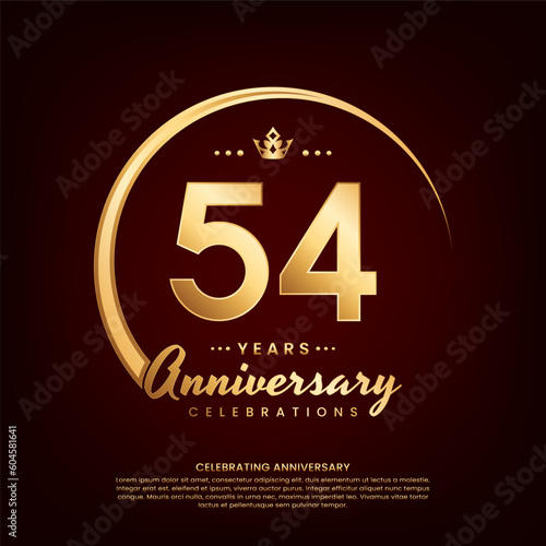 54 year anniversary template design with golden number and ring for birthday celebration event, invitation, banner poster, flyer, and greeting card, vector template