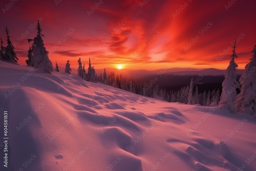 Romantic sunset in the snowy mountains created with Generative AI