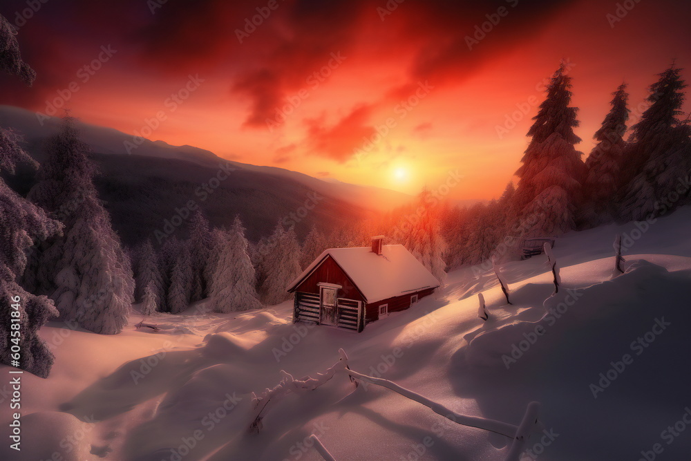 Forest hut in snowy landscape at sunset created with Generative AI