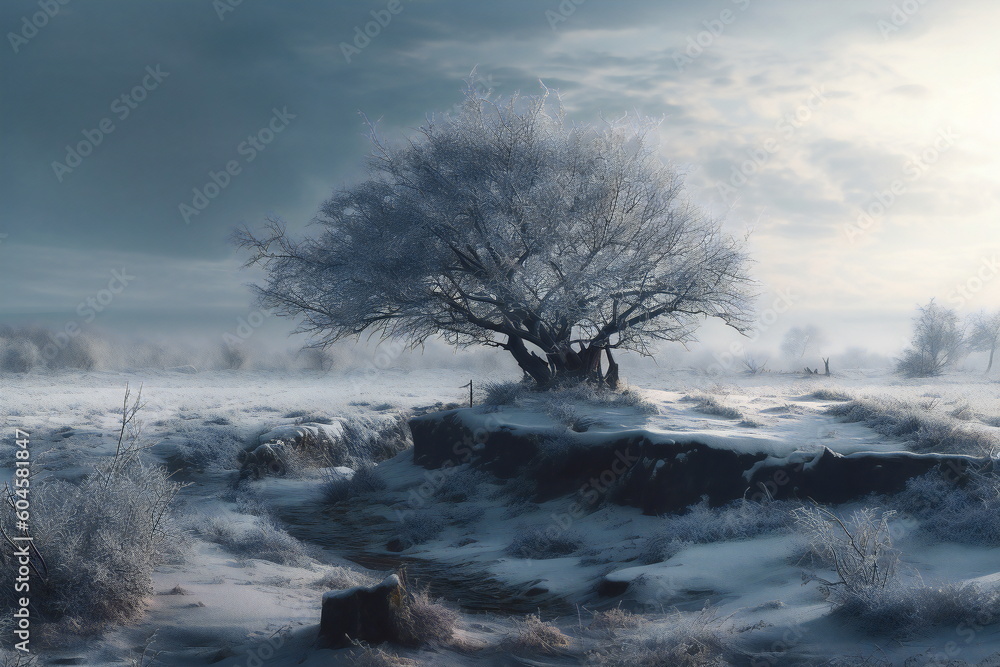 Tree in a winter landscape created with Generative AI