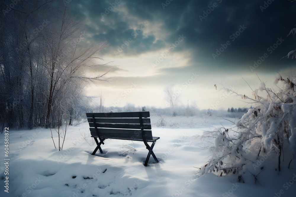 Bench in the winter landscape created with Generative AI