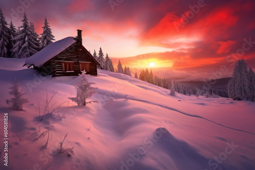 Romantic forest hut at sunset created with Generative AI © seraph1976