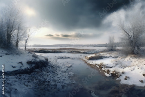 Small lake in a winter landscape created with Generative AI © seraph1976