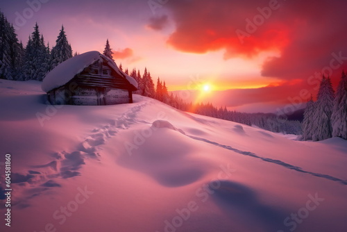 Mountain hut in snowy landscape at sunset created with Generative AI © seraph1976