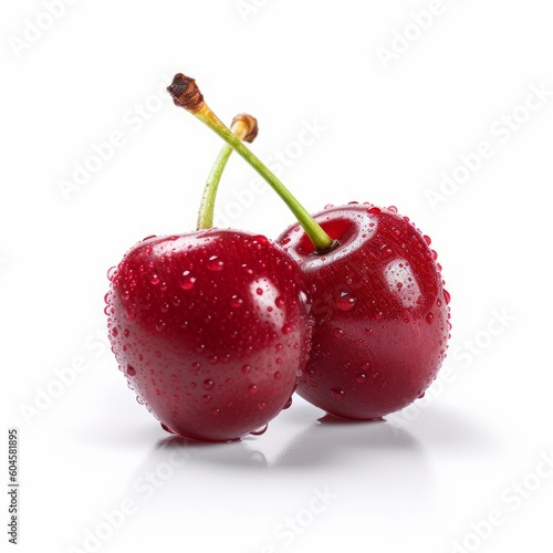 A delicious fresh cherry isolated on white background. Fresh raw organic fruit. Generative AI.