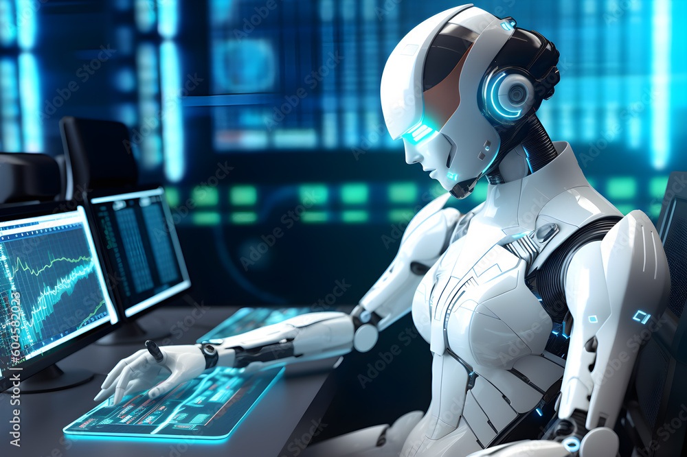 White Humanoid robots woman operator agent with headsets working in a call centre, Generative AI. White Humanoid robots woman operator agent with headsets working in a call centre, Generative AI.