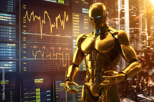 Gold Humanoid robots with a growing virtual hologram of statistics background  Uses AI to assess investment risks. Generative AI