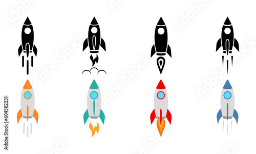 Set of rocket vector icons. Launch spaceship or spacecraft. Rocket fast flying for space. New business start up. 
