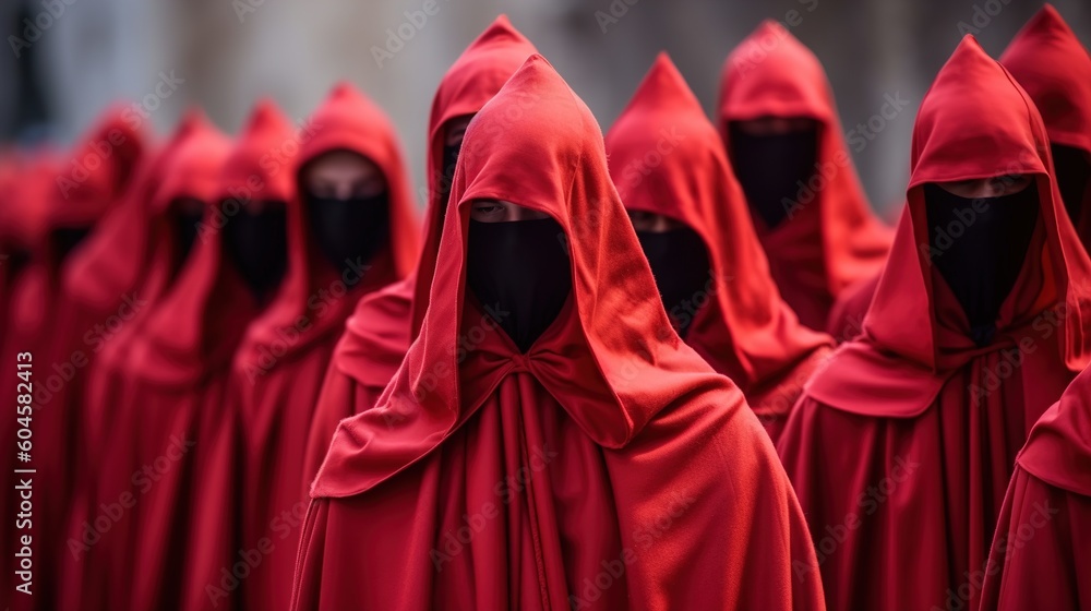 A group of people in red hooded costumes perform a ritual. AI generated	