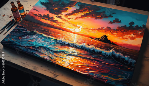 Ocean sunset oil painting pictures AI Generated illustration