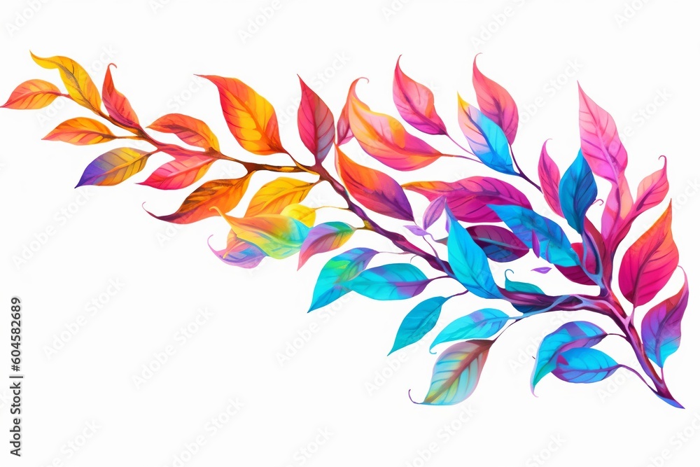 Illustration of colorful leaves on a branch isolated on white background, created with Generative AI technology