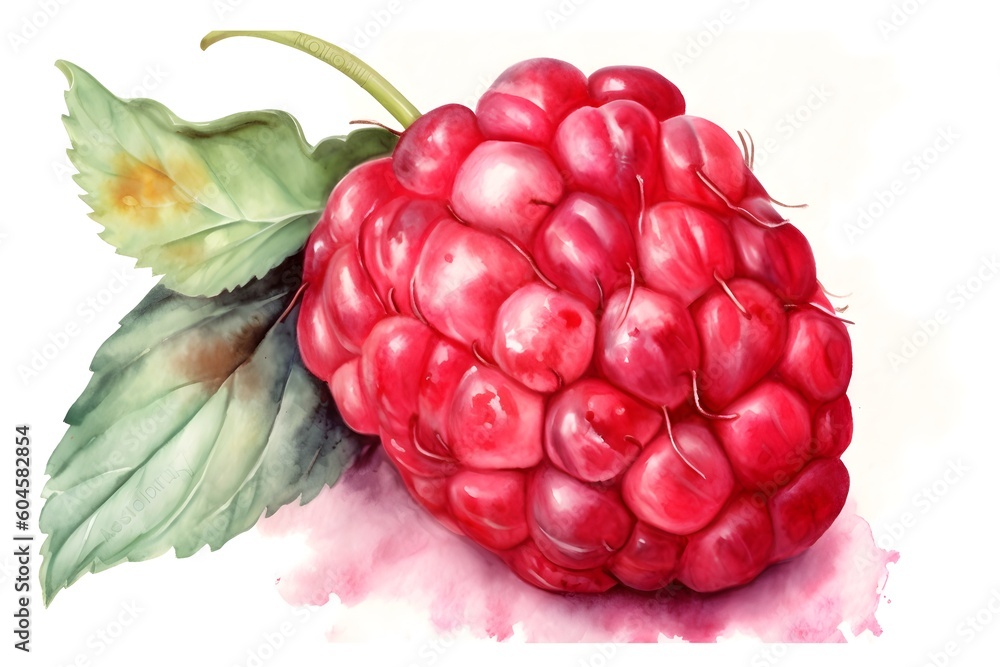 Watercolor painting of raspberry close up on white background. Generative AI. Watercolor painting of raspberry close up on white background. Generative AI.