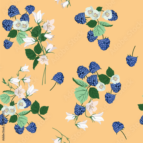 Seamless vector illustration with branches of ripe blackberries and flowerbells on a beige background.