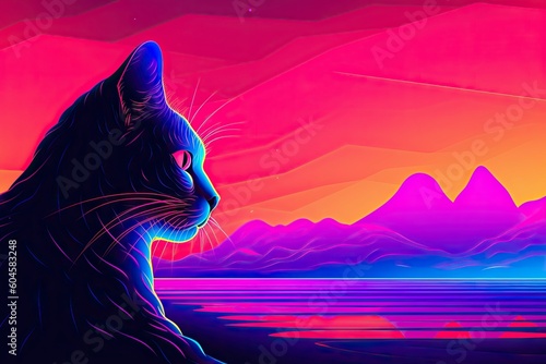 DJ party illustration of a cat admiring sunset in plains and mountains landcsape in new retro wave colors style photo