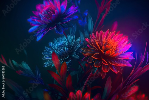 Colorful illustration of flowers in newretro wave style luminescent background © Alistair