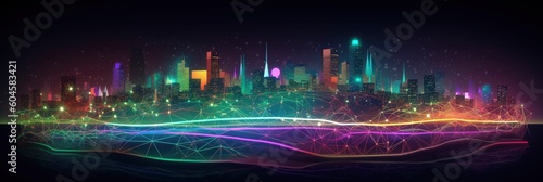 colorful dark fresco of a cityscape background backdrop for technology and connectivity topics