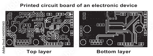 Vector printed circuit board of an electronic device with components of radio elements, conductors and 
contact pads placed on it. Engineering drawing of a pcb (top and bottom layer).