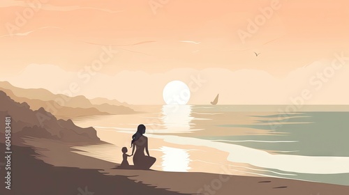 Poetic Illustration of Mother and Toddler on Deserted Beach at Sunset with Sailboat Horizon