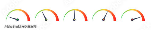 Set of gradient speedometer vector icons. Speed scale. Slow, medium, good and maximum indicator. Vector 10 Eps.