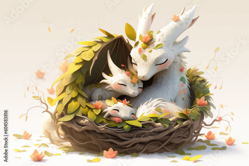 Dragon family is sleeping in a nest. Baby dragons and their parents in the forest. Super cute fantasy monster. Funny cartoon character. Fabulous scene. Legend and fairy tale. 3d illustration photo