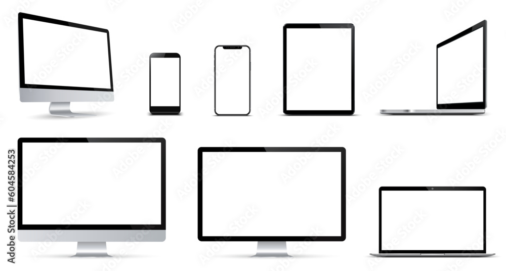 Set of mockup technology devices with empty display computer, laptop, tablet and mobile phone, different model - vector Set of mockup technology devices with empty display computer, laptop, tablet and mobile phone, different model - vector