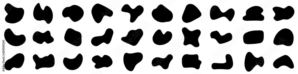 Set abstract liquid blotch shapes. Liquid shape elements. Round blobs collection. Fluid dynamic forms. Rounded spot or speck of irregular form. Pebble, blotch, inkblot, stone and drops - vector