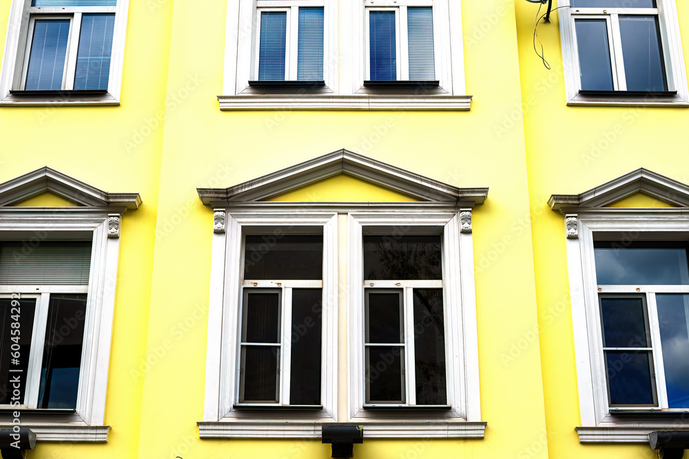 old yellow house facade in classical style. Decorated window frames