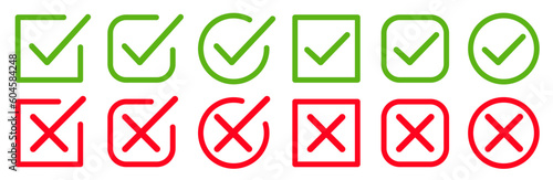 Set green approval check mark and red cross icons in circle and square, checklist signs, flat checkmark approval correct badge, isolated tick symbols - stock vector