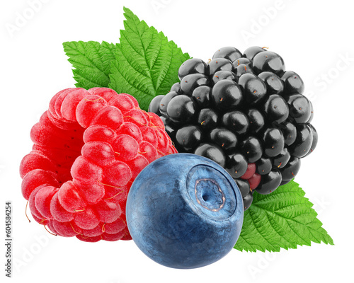Photographie wild Berries mix, raspberry, blueberry, blackberry, isolated on white background