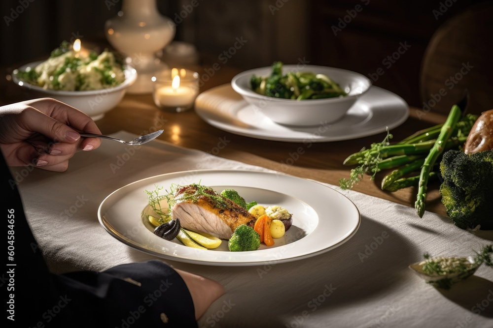 Gastronomic Excellence: A White Plate Brimming with Gourmet Food, Served by an Elegant Waitress in a High-End Restaurant

