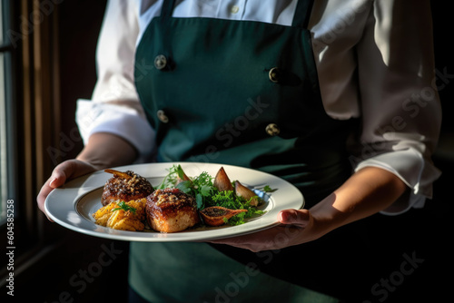 Gastronomic Excellence: A White Plate Brimming with Gourmet Food, Served by an Elegant Waitress in a High-End Restaurant

