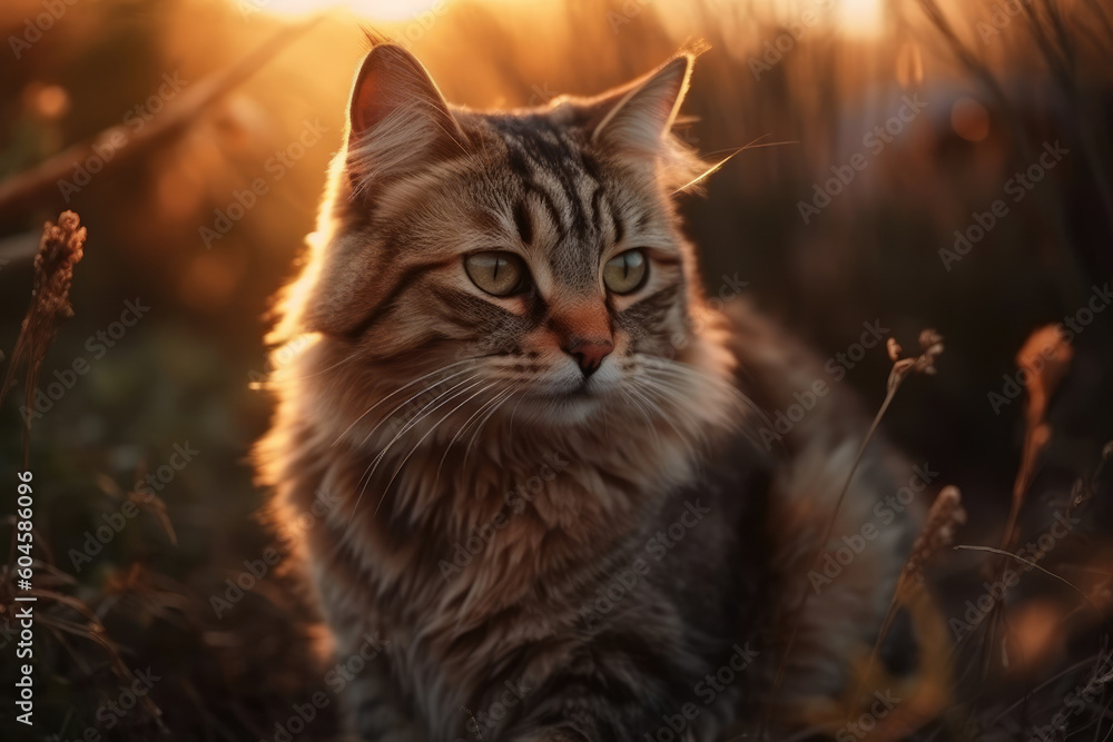 Beautiful cat in the rays of the setting sun. The cat is in the field. Beautiful cat in the rays of the setting sun. The cat is in the field.