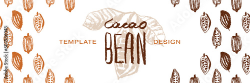 Chocolate banner template with cocoa beans pattern seamless with cacao bean hand drawn illustrations. Chocolate packaging design, cocoa powder label, organic cacao butter backdrop. Cocoa cosmetics.