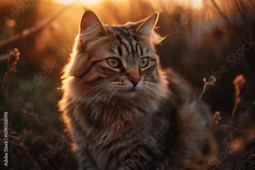 Beautiful cat in the rays of the setting sun. The cat is in the field. © rul8let