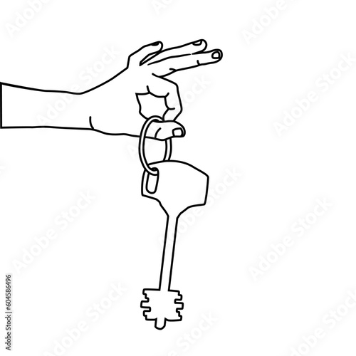 Vector silhouette of a man's hand with a key, linear sketch, black and white color, isolated on a white background