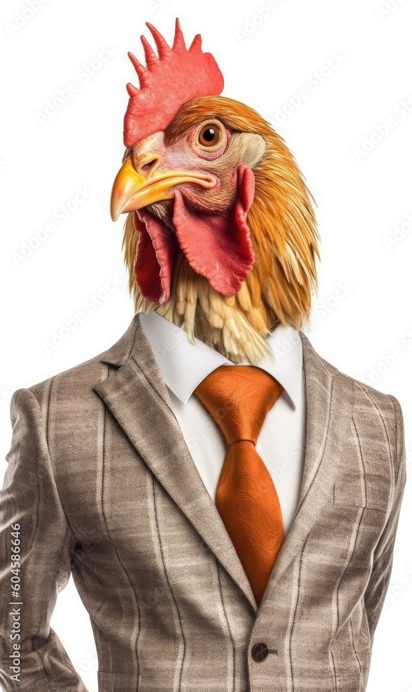 Chicken dressed in a suit like a businessman, isolated on white (generative AI)