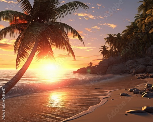AI generates tropical beach sunset with palm tree. (Generative AI)