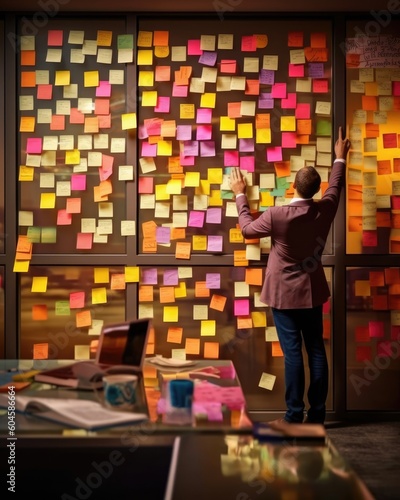 Business planning using sticky notes on wall. (Generative AI)