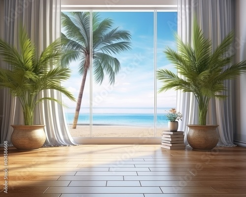 A wide ocean view from a calm  quiet beach with palm trees.  Generative AI 