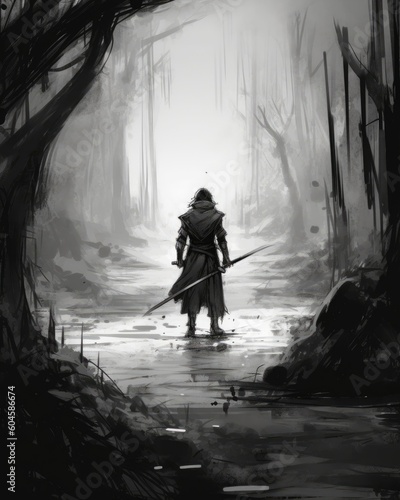 A lone swordsman wields a long, dark sword sketch. (Generative AI)