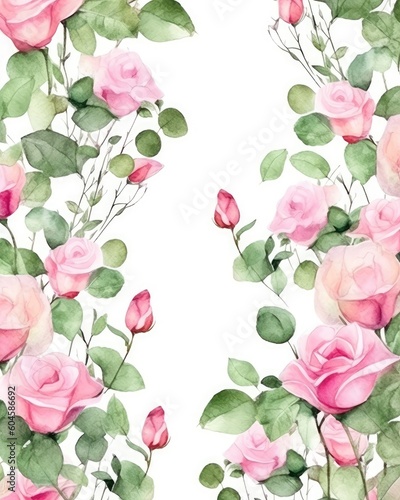 The border is a wedding greeting illustration of pink roses and green leaves.  Generative AI 