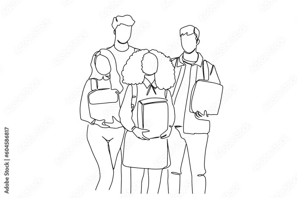 one line art friends group students education boys and girls university and college life education hand drawn illustration vector one line art friends group students education boys and girls university and college life education hand drawn illustration vector