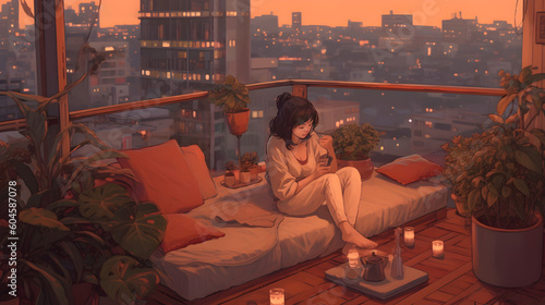 Lofi style girl relaxing on a couch in a rooftop garden. AI generative