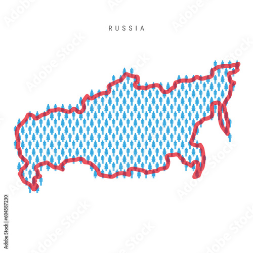 Russia population map. Stick figures Russian people map. Pattern of men and women. Flat vector illustration