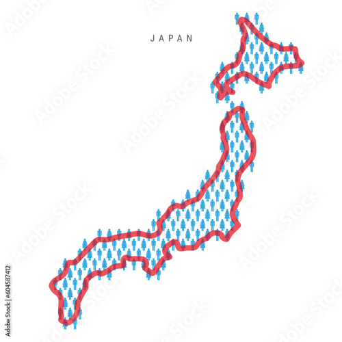 Japan population map. Stick figures Japanese people map. Pattern of men and women. Flat vector illustration