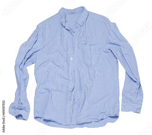 Tableau sur toile Crumpled light blue shirt on white background, top view