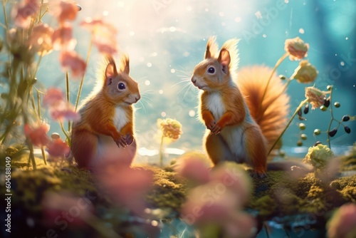 Two cute squirrels on a summer meadow by the lake. Solar lighting. AI generated.