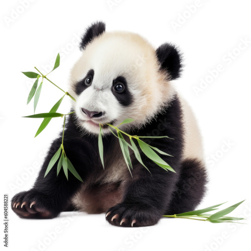 Baby Panda Eating Bamboo Isolated on Transparent Background - Generative AI 